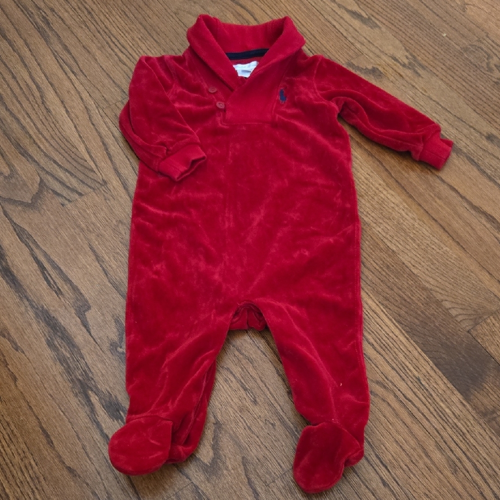 Ralph Lauren Infant 6 Month Cozy Red Velvet One Piece Footie Shaw Collar